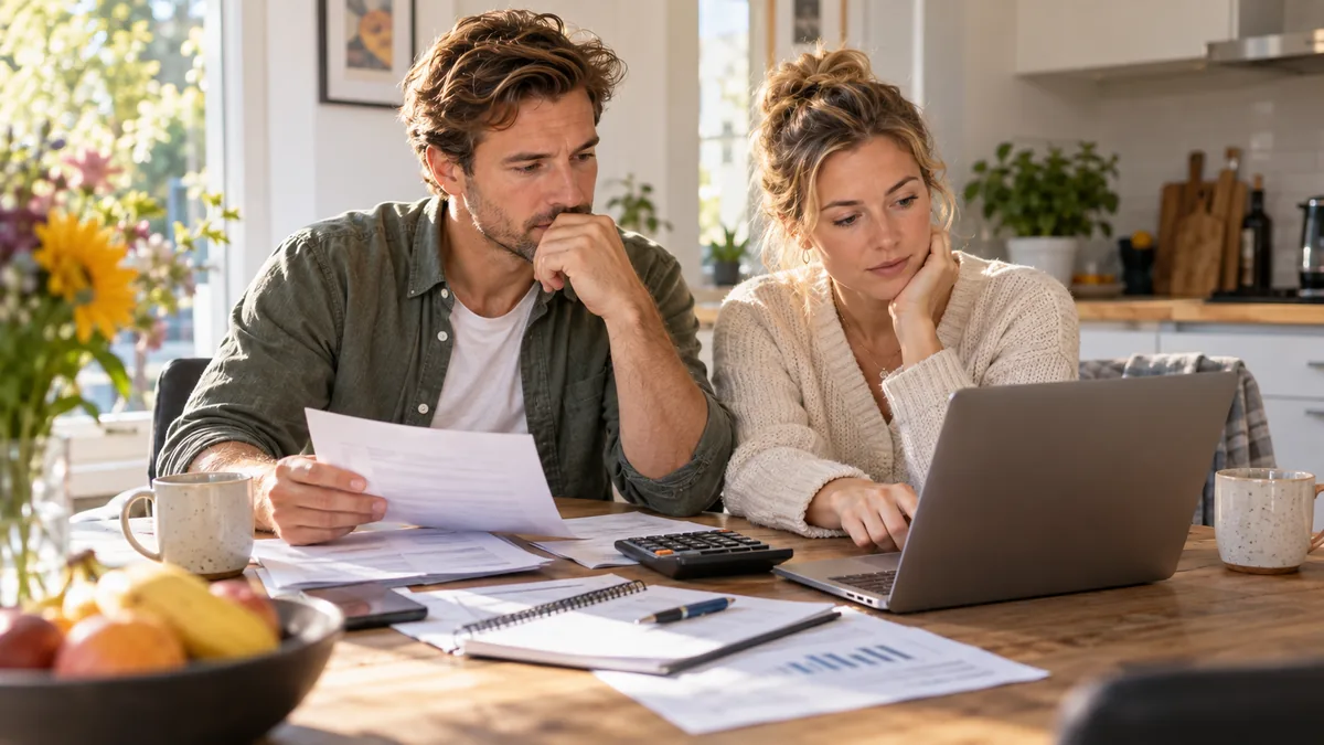 Stel bekijkt samen aan de keukentafel hun financiën en aflossingen om weer grip te krijgen