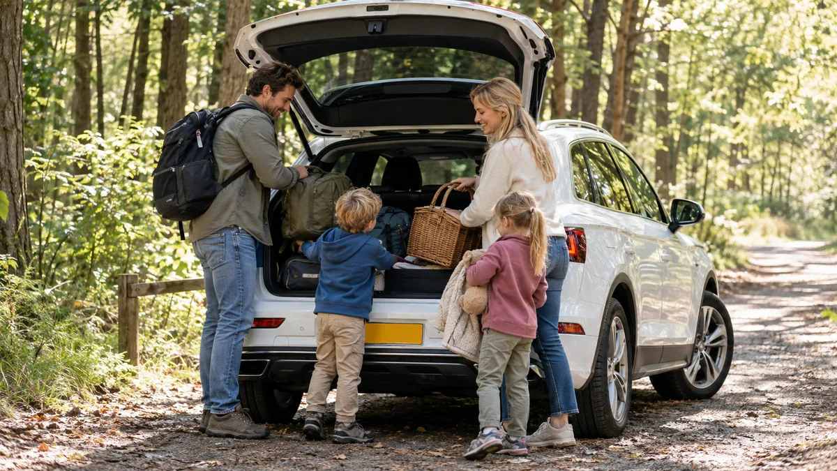 Gezin met twee kinderen laadt spullen in een Audi Q5 SUV op een bosweg, klaar voor een dagje uit