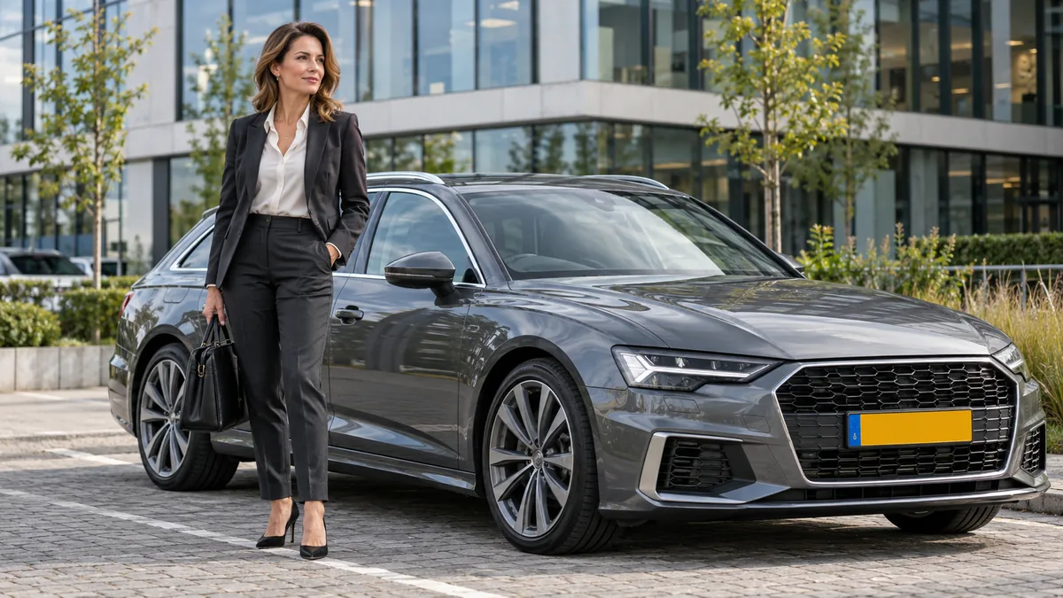 Zelfstandig ondernemer met laptoptas bij een Audi A6 op een zakelijke parkeerplaats voor een modern kantoorpand