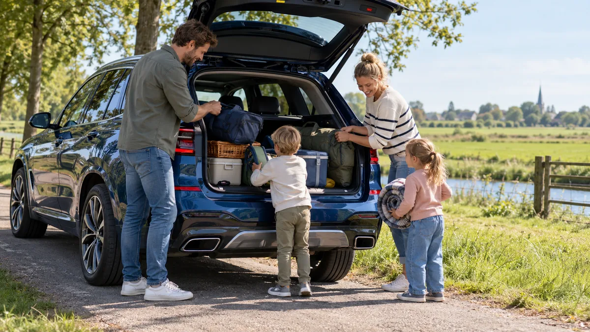 Gezin met twee kinderen laadt bagage in een BMW SUV op een landweg, klaar voor een uitje