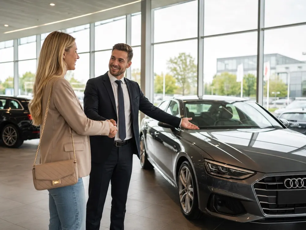 Klant en autoverkoper bespreken de leasevorm en het maandbedrag bij een auto in de showroom