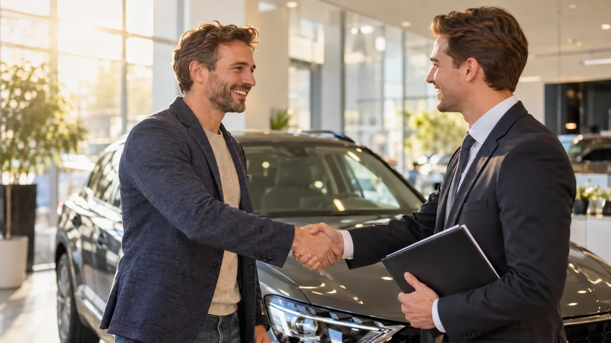 Ondernemer en autoverkoper schudden elkaar de hand in de showroom bij het sluiten van een financial lease zonder aanbetaling