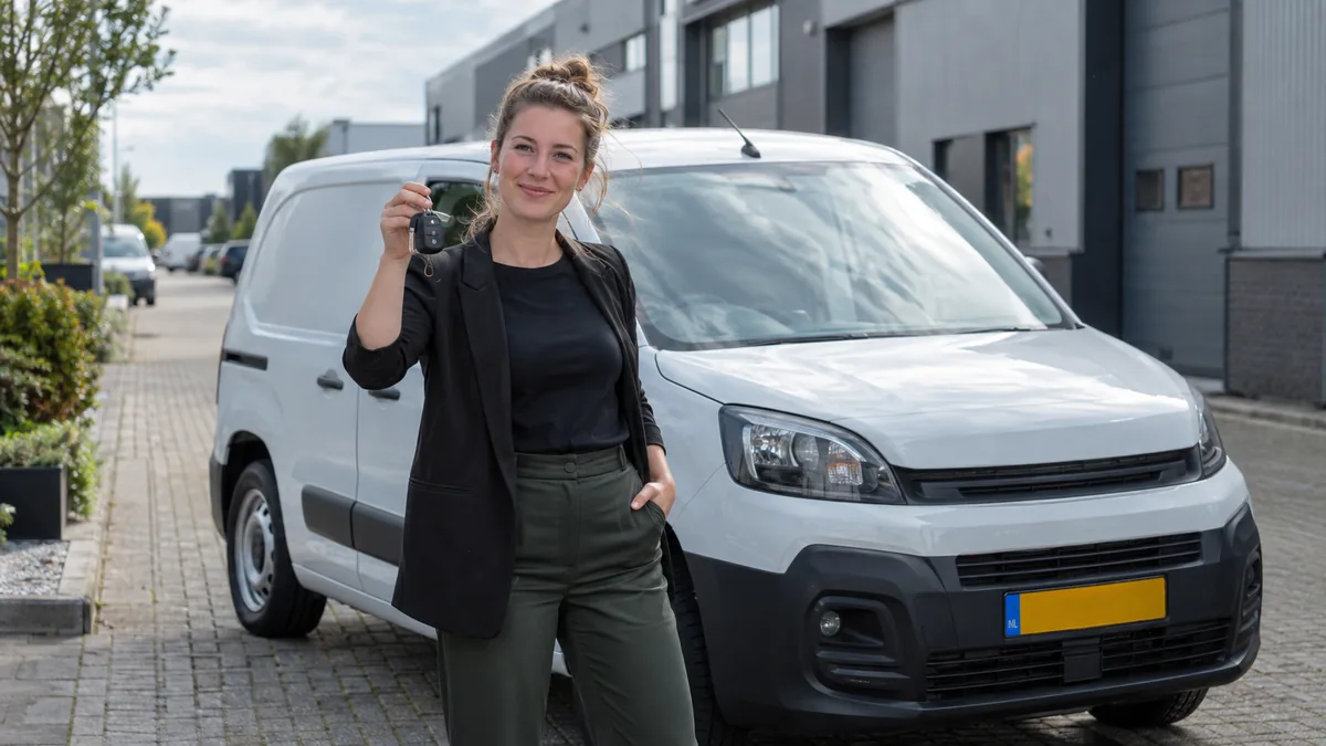 Zzp'er staat met de autosleutels naast haar bedrijfsbusje op een bedrijventerrein na financiering zonder aanbetaling