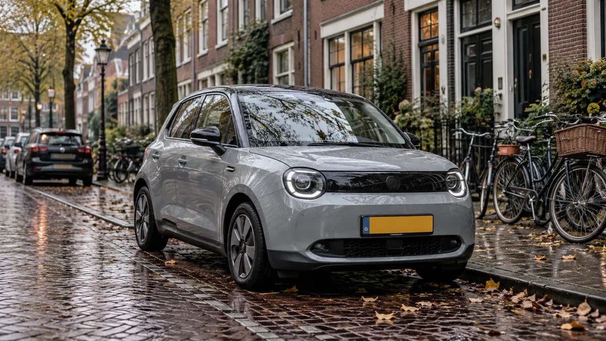 Kleine, betaalbare elektrische stadsauto geparkeerd in een Nederlandse woonstraat met bakstenen huizen en fietsen
