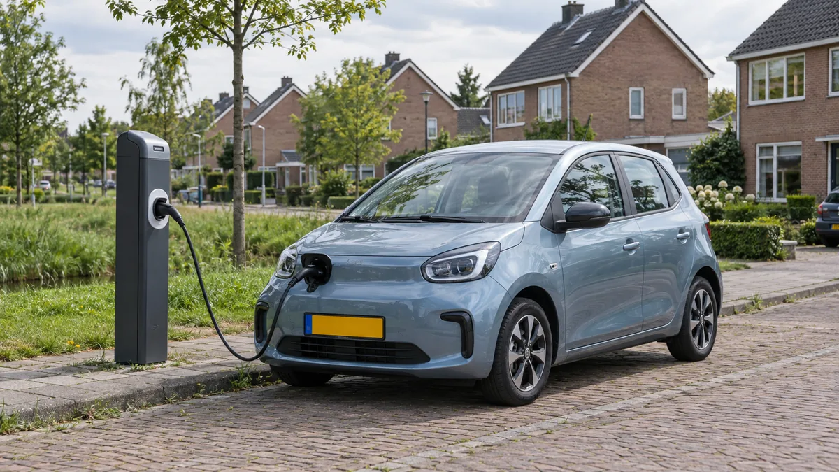 Kleine elektrische stadsauto laadt op aan een openbare laadpaal in een Nederlandse buitenwijk