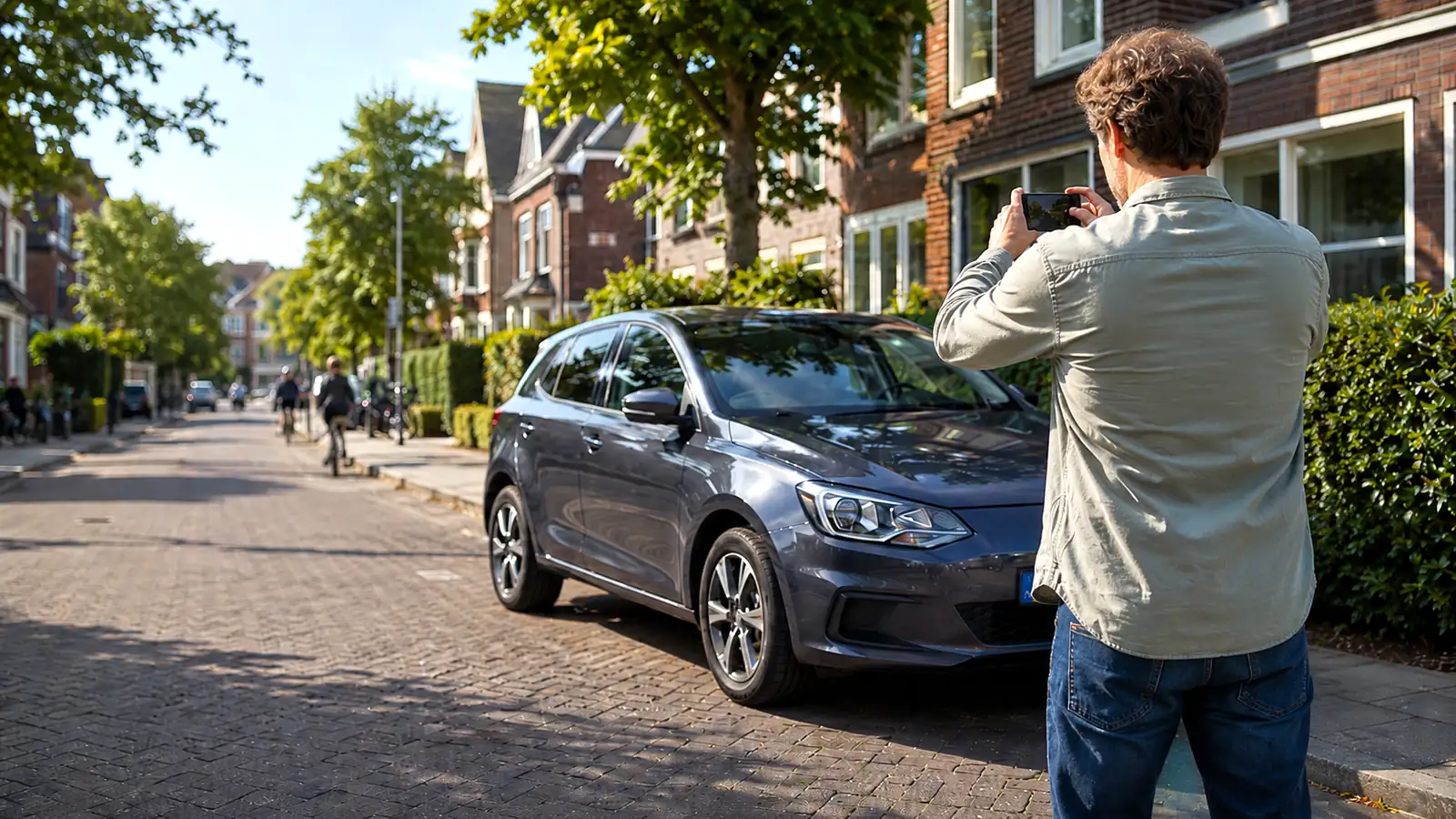 Man maakt met zijn telefoon een foto van een auto in een Nederlandse woonwijk