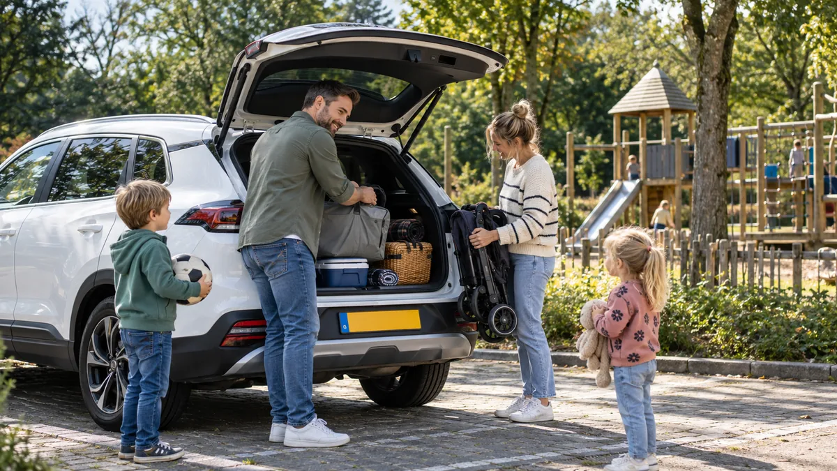 Gezin met twee kinderen bij een Kia Sportage SUV bij een speeltuin in het park