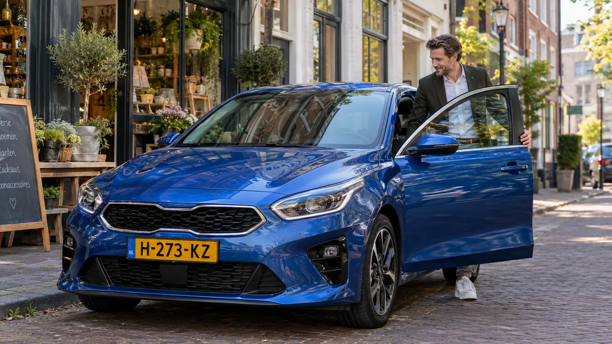 Zelfstandig ondernemer stapt in een Kia Ceed in een stadsstraat voor een klein bedrijf