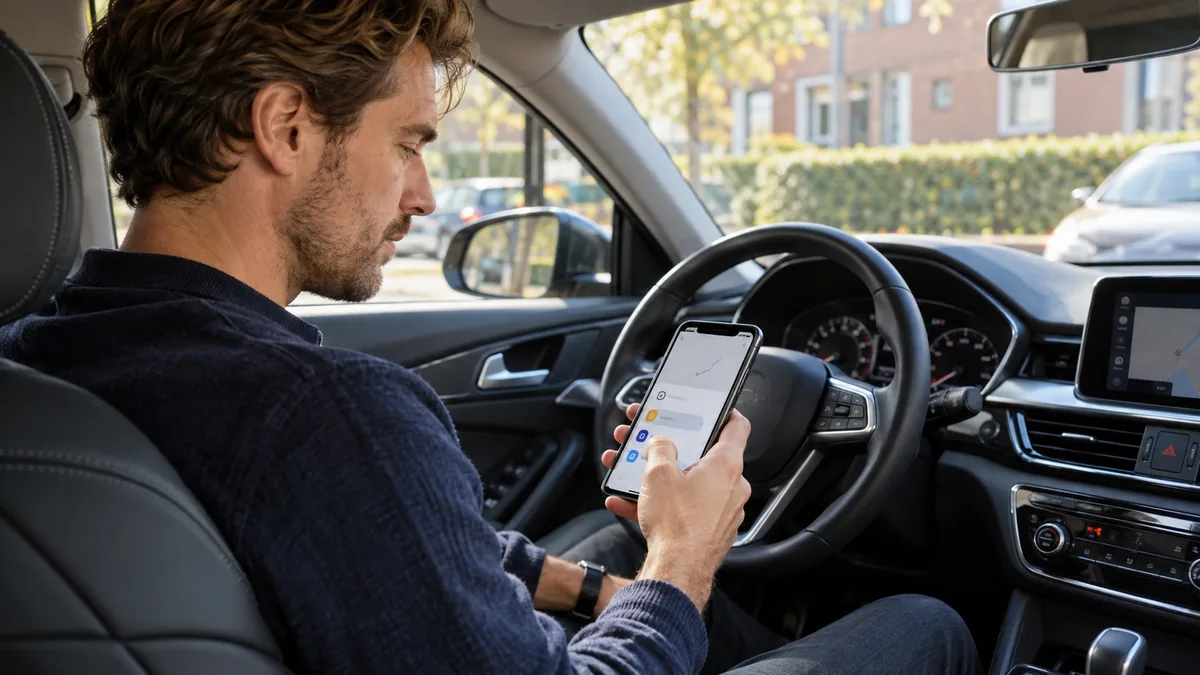 Bestuurder labelt in de auto een rit als zakelijk in een kilometerregistratie app op de telefoon