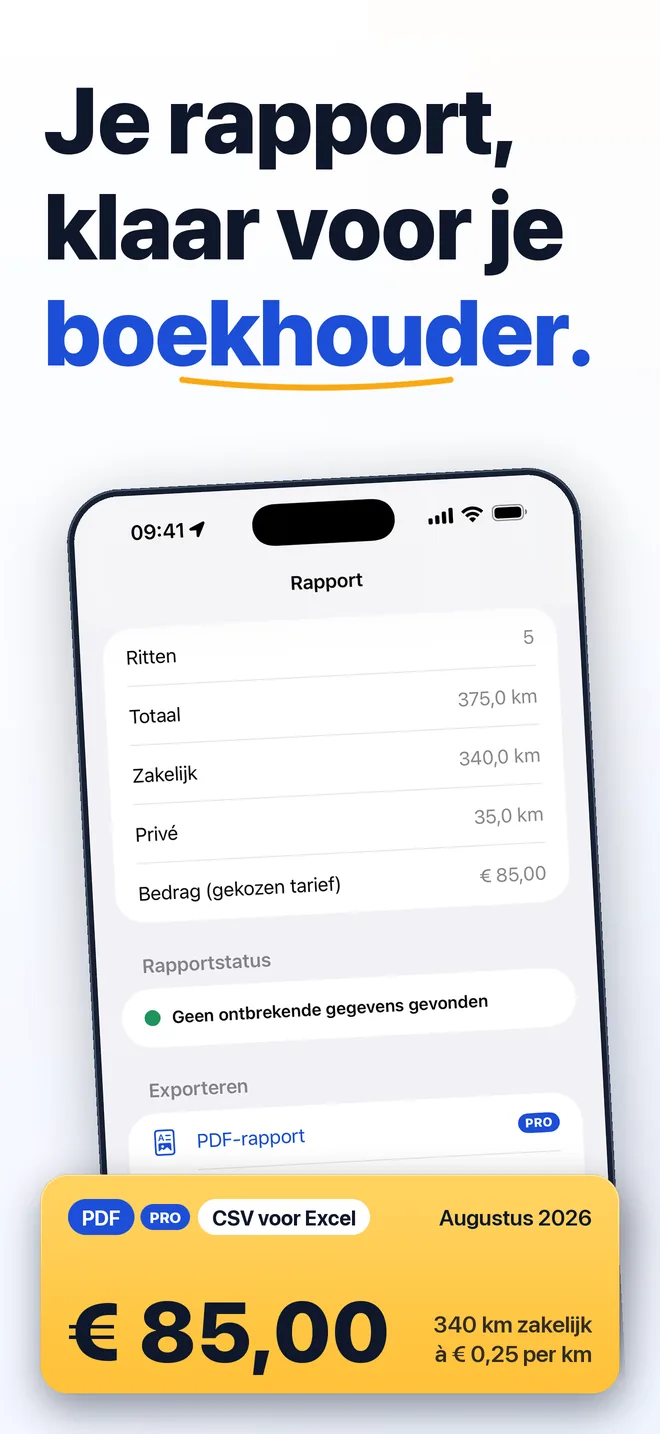 Schermafbeelding van de ELTI kilometerregistratie app: het rapportscherm met totalen en PDF-export voor de boekhouder