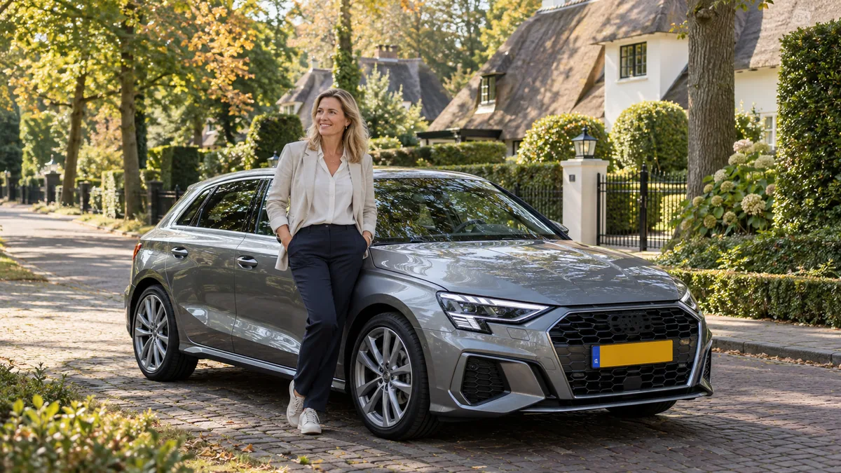 Vrouw bij een zilvergrijze Audi A3 Sportback private lease op een villalaan in Laren
