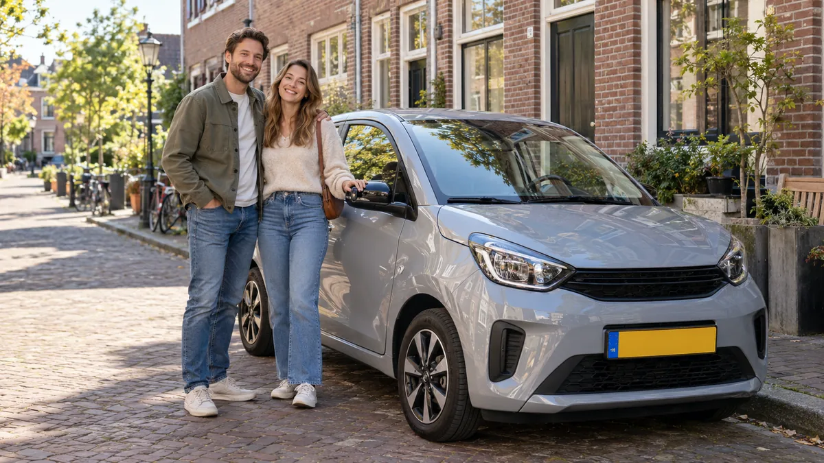 Jong stel bij een kleine stadsauto, de populairste private lease auto van 2025