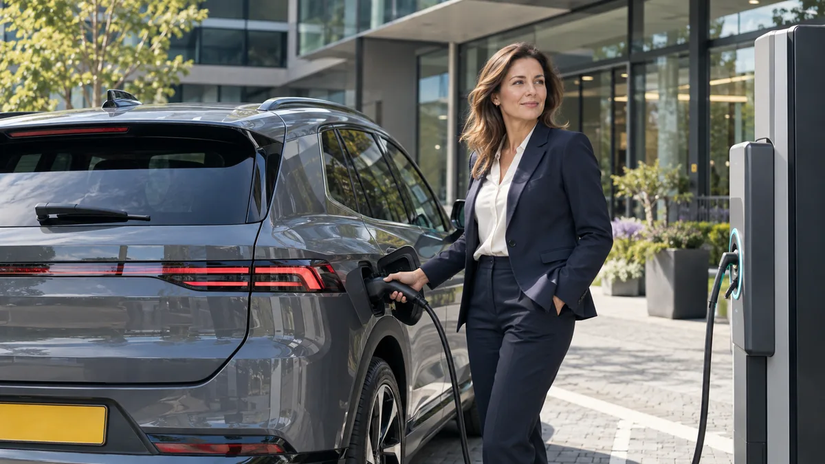 Zakelijke bestuurder laadt een elektrische leaseauto op bij een laadpaal voor een kantoor