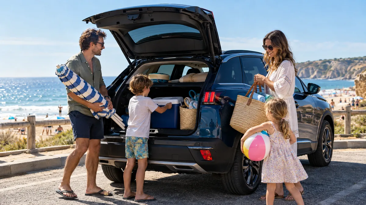 Gezin met twee kinderen laadt strandspullen in een Peugeot 3008 SUV op een parkeerplaats bij de kust