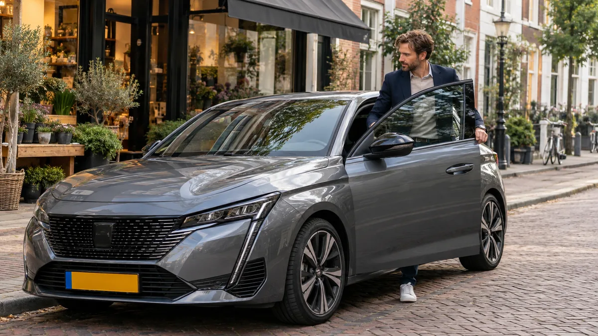 Zelfstandig ondernemer stapt in een Peugeot in een gezellige stadsstraat voor een klein bedrijf