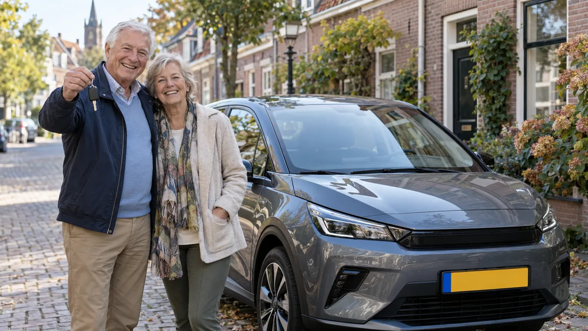 Gepensioneerd echtpaar staat glimlachend met de autosleutels naast hun nieuwe private lease-auto in een Nederlandse straat