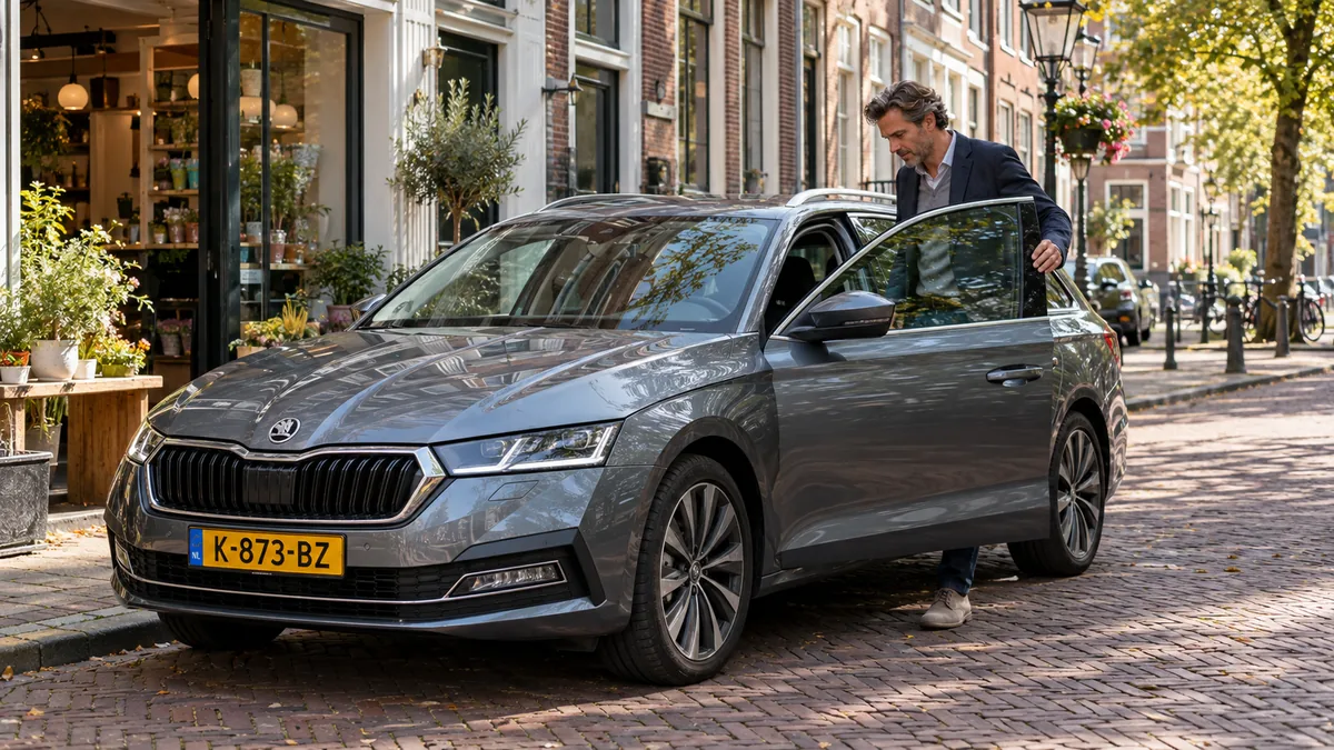 Zelfstandig ondernemer stapt in een Škoda Octavia Combi in een stadsstraat voor een klein bedrijf