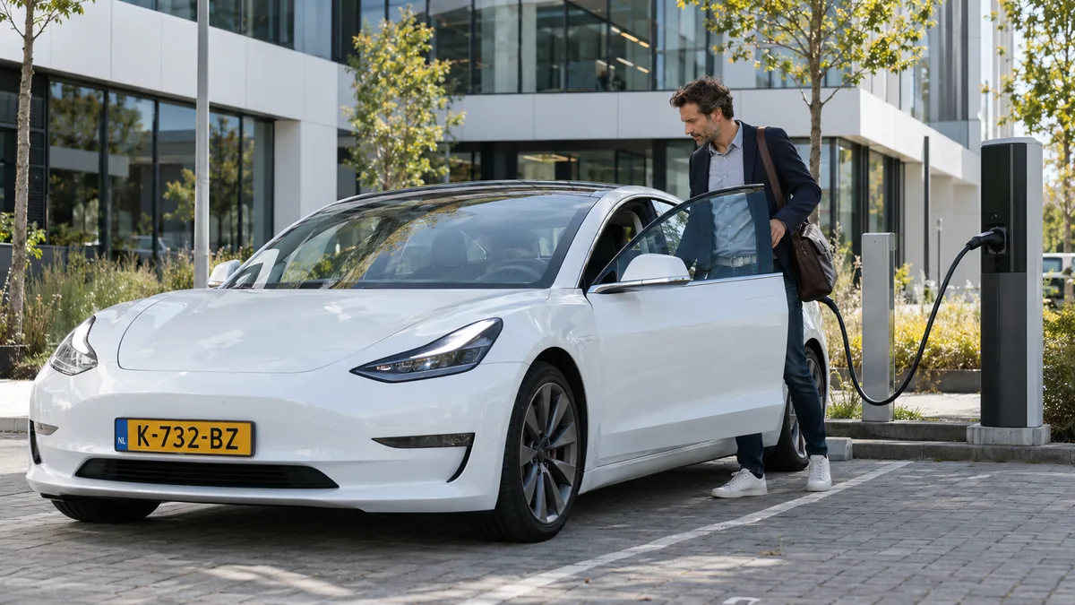 Zelfstandig ondernemer met laptoptas stapt in een Tesla Model 3 bij een laadpaal voor een modern kantoorgebouw