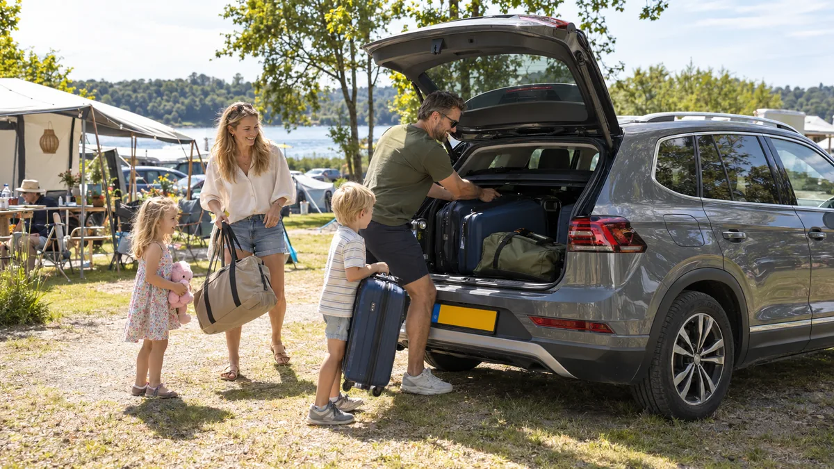 Gezin met twee kinderen laadt vakantiespullen in een Volkswagen Tiguan SUV op een camping