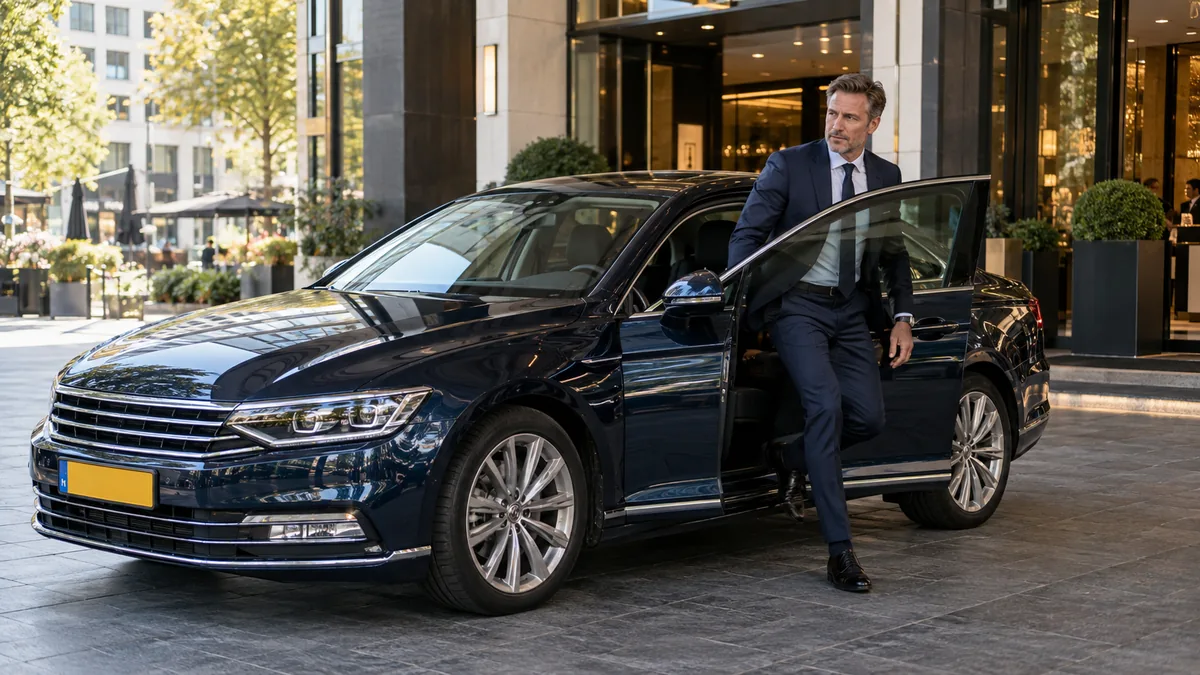 Zakelijke bestuurder stapt uit een Volkswagen Passat voor een modern hotel in de stad