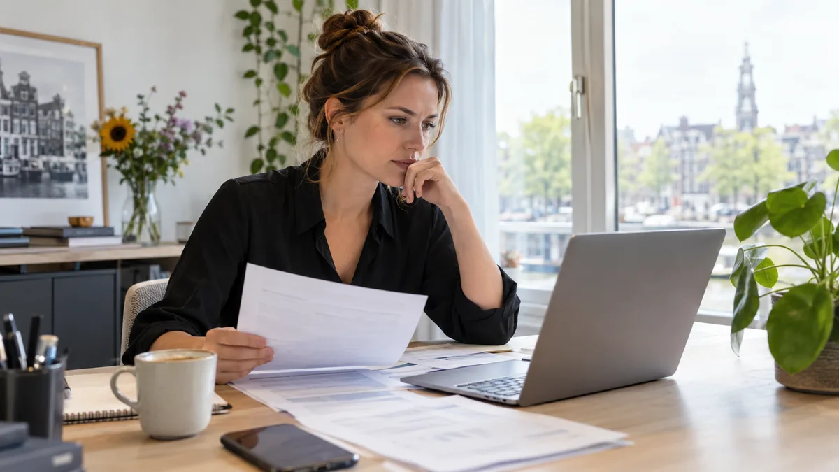 Startende ondernemer bekijkt bankafschriften en een KvK-uittreksel op een laptop — beoordeling zonder jaarrekening
